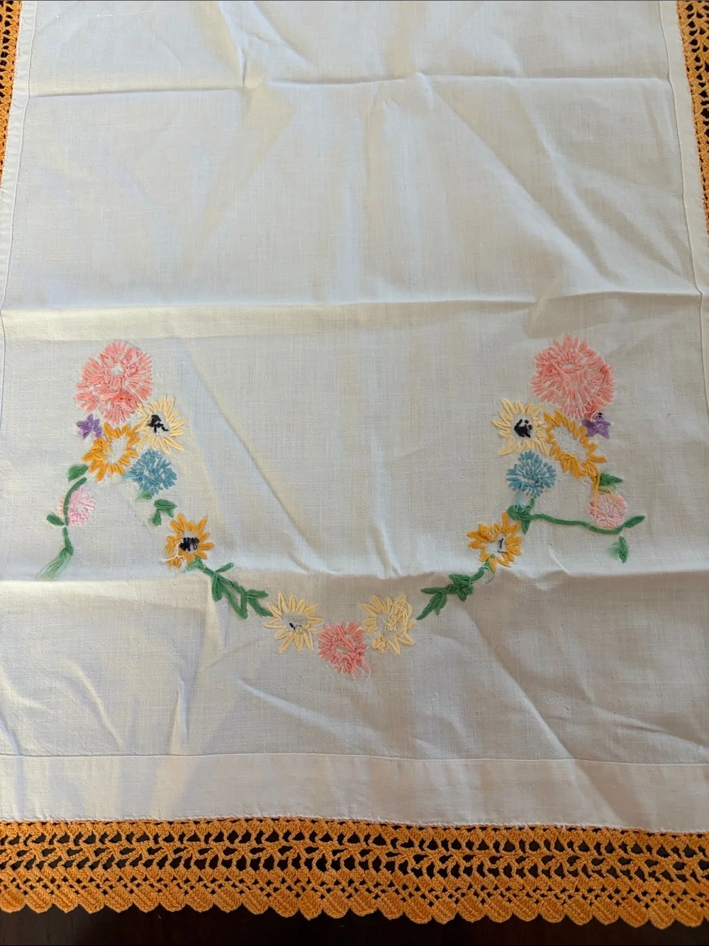 Vintage Hand-Embroidered Floral Table Runner with Orange Crochet Edge